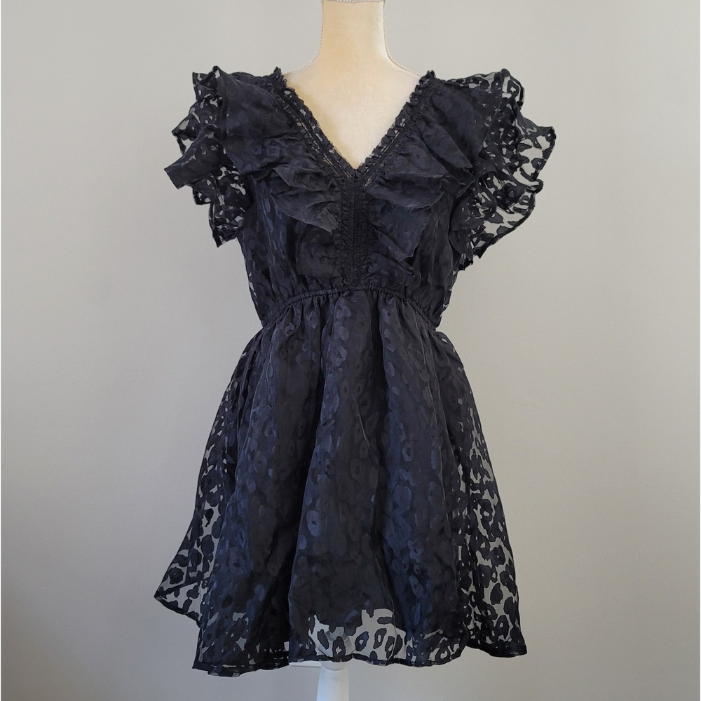 ENTRO Size Large Black Ruffled Flutter Sleeve Sheer Leopard Overlay Mini Dress - Picture 2 of 9